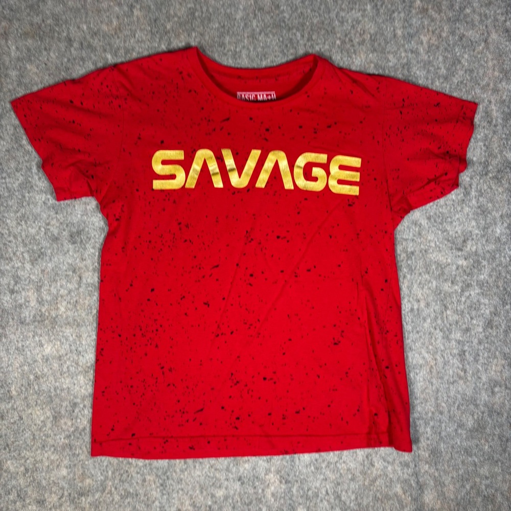 Basic Math Savage T-Shirt Mens Medium Red Gold Splatter Graphic Short Sleeve Tee